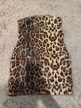 Sequin Leopard Print Strapless Mini Dress - Tan & Black